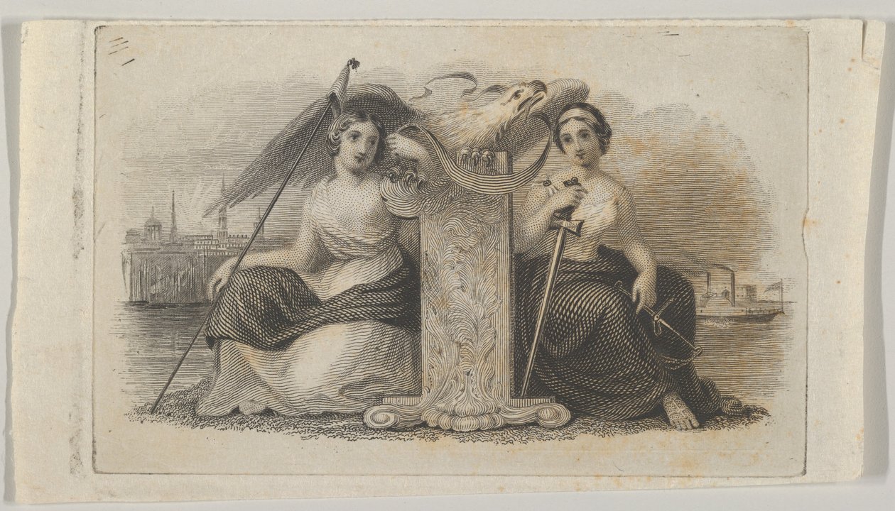 自由と正義を象徴する女性像が描かれた紙幣のビネット。 1824-37。 作： アッシャーブラウンデュランド。