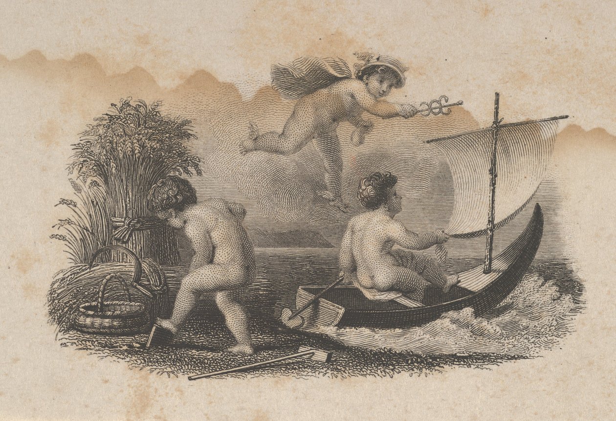 貿易と農業を象徴する 3 つのプッチが描かれた紙幣のビネット。 1824-37。 作： アッシャーブラウンデュランド。