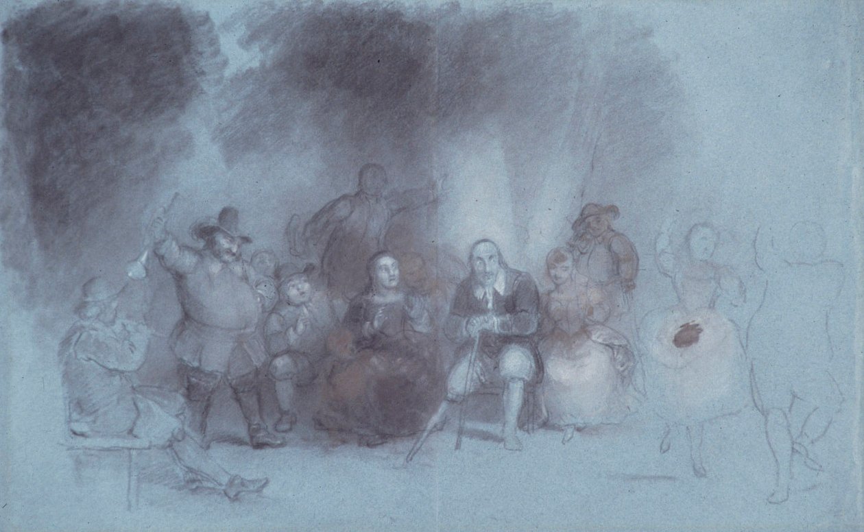 バッテリーで踊る、c.1838（青灰色の紙に茶色と白のチョークでアクセントを付けた木炭） 作： アッシャー・ブラウン・デュランド