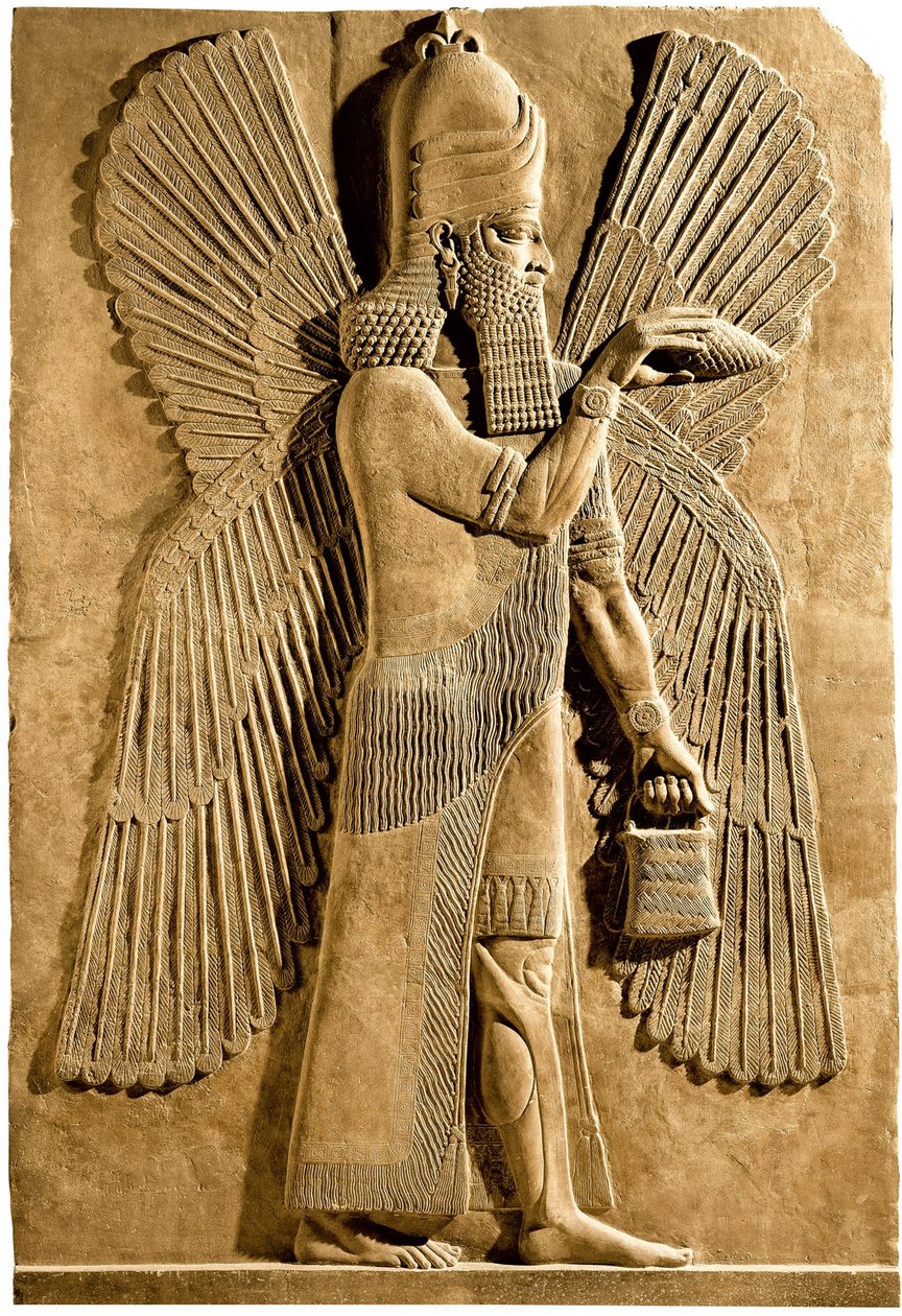 翼のある魔神。アッシリア王サルゴン2世の宮殿からのレリーフの詳細、紀元前722〜705年 作： アッシリア人