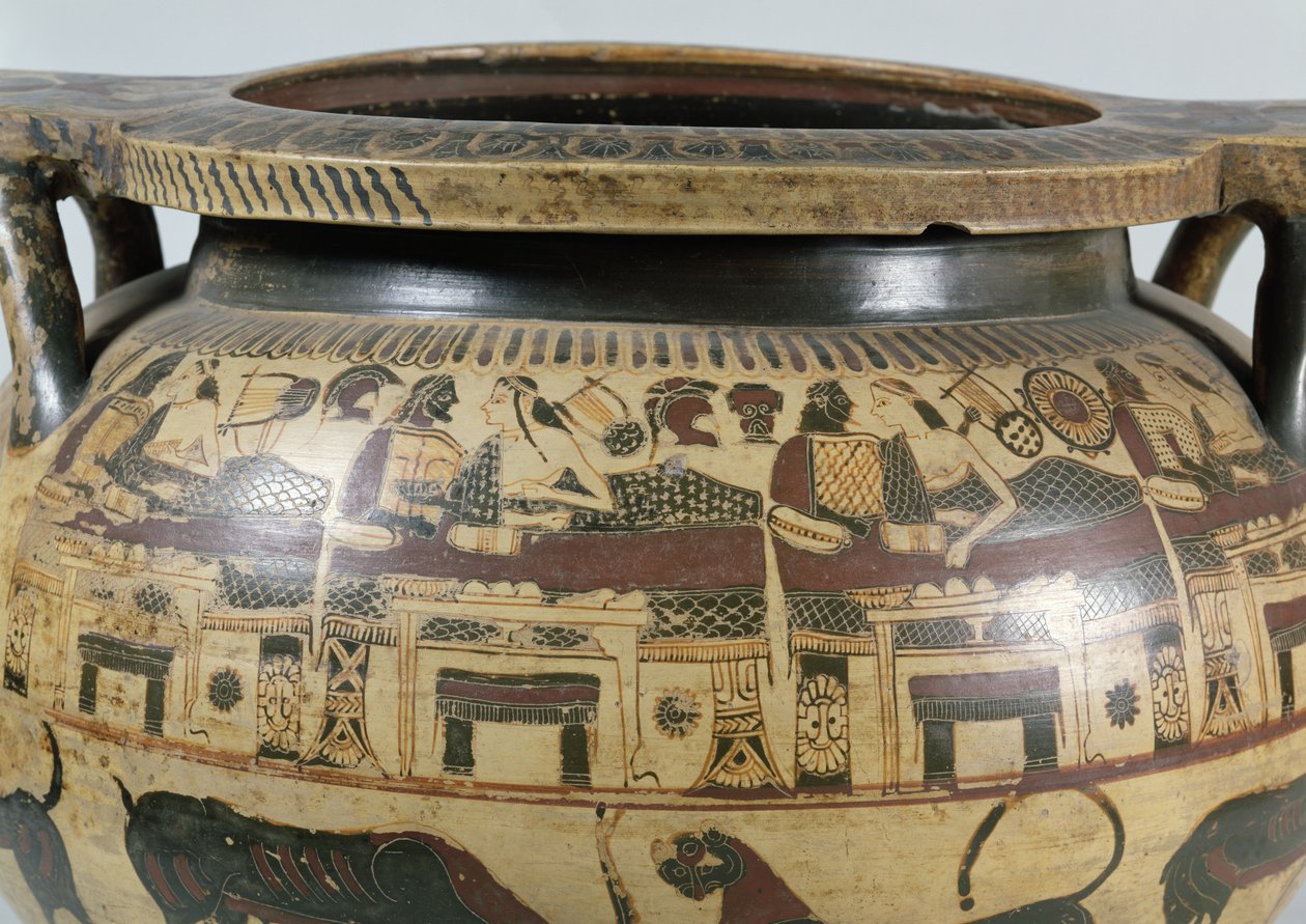 バンケットシーンのあるコリント式クラッターの詳細、紀元前590〜575年頃（陶器） 作： アタナの画家