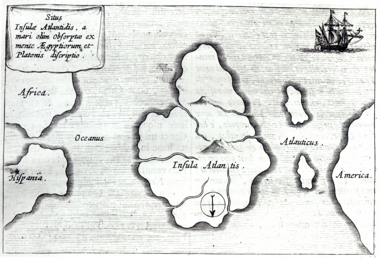「Mundus Subterraneus」からの1665〜68年のアトランティスの地図 作： アタナシウス・キルヒャー
