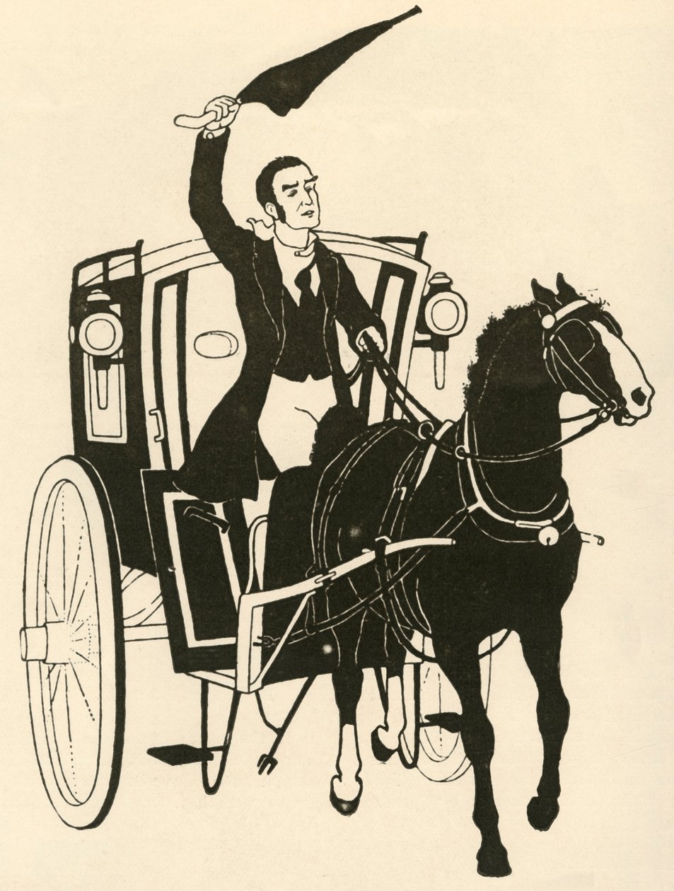 「片手で手綱を握り、傘で馬をかき立てる」、1928 年。 作： アゼルスタン・ラスデン