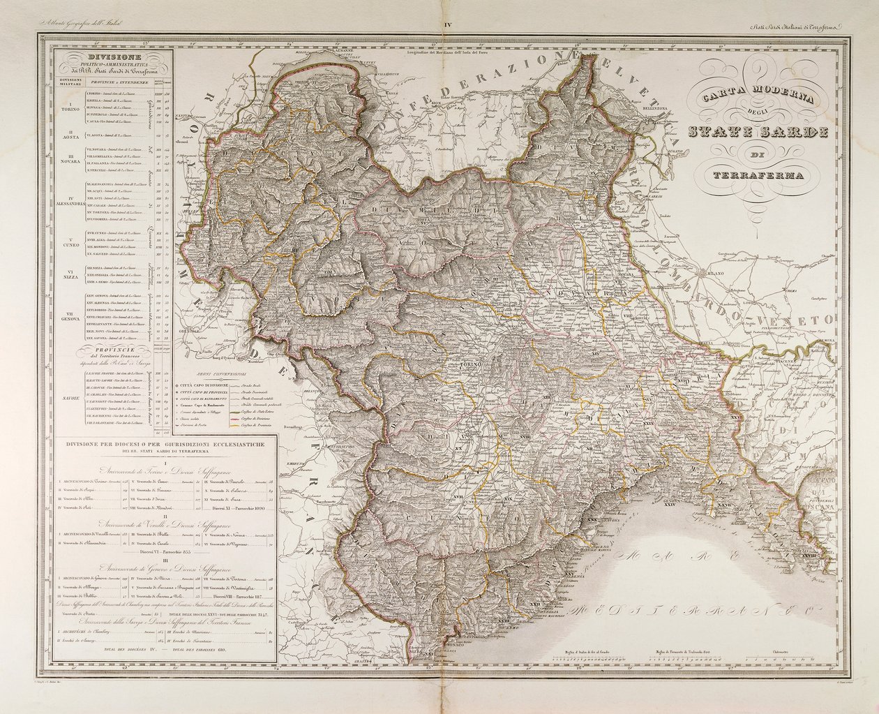本土のサルデーニャ州。 Attilio Zuccagni-Orlandini による地図、フィレンツェのイタリア州の地理アトラスから取得、銅に彫刻 作： Attilio Zuccagni Orlandini