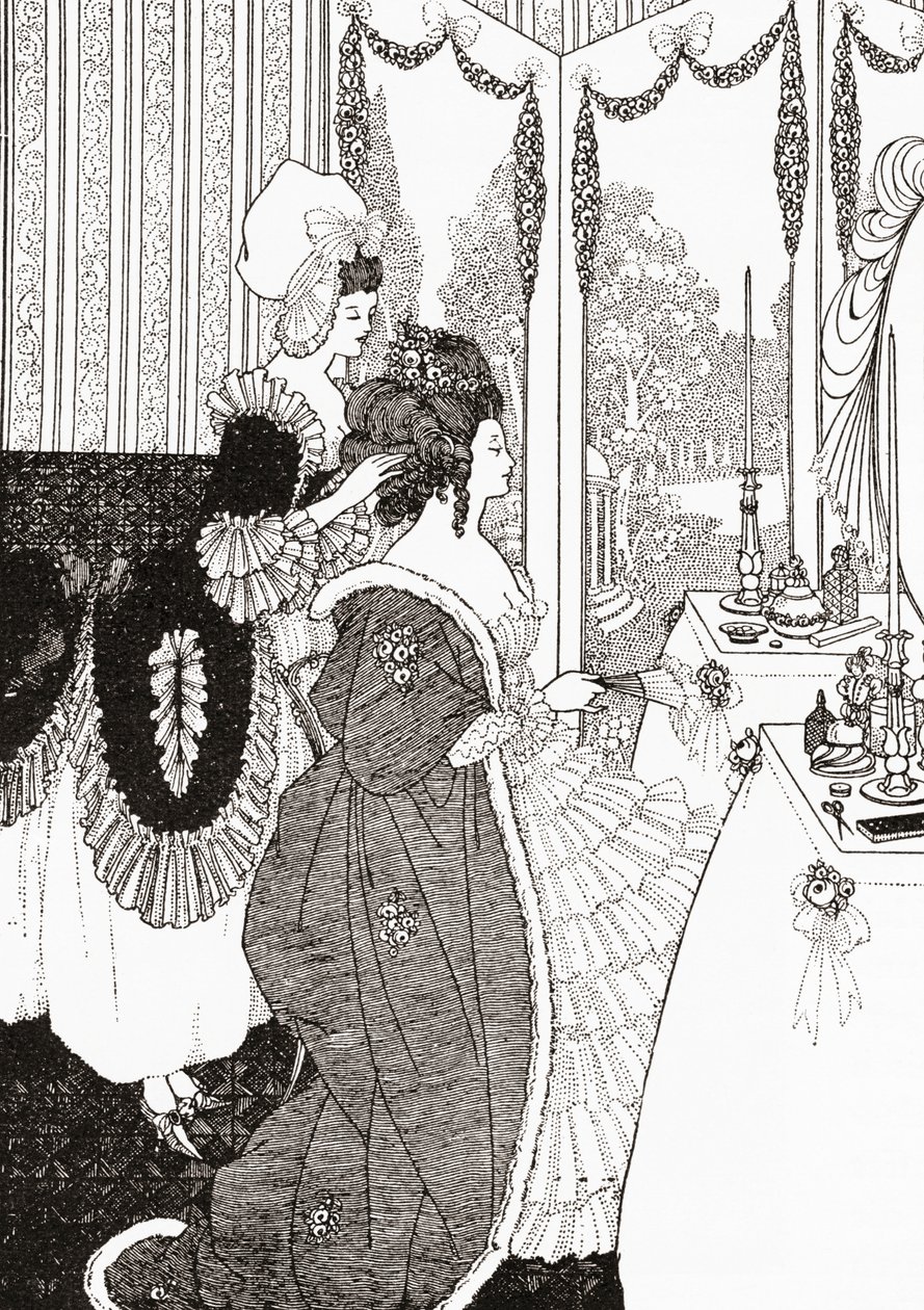 The Toilet after Aubrey Beardsley」。1909年に出版されたEduard Fuchs著『Illustrierte Sittengeschichte vom Mittelalter bis zur Gegenwart』より。 作： オーブリー（後）ビアズリー