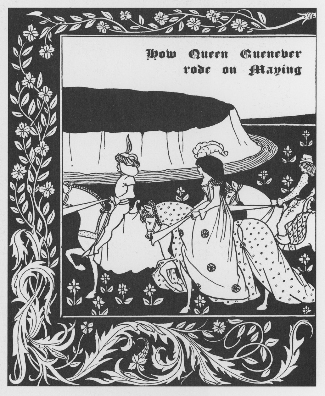 アーサー王伝説。"Queen Guenievre Queen of May" Sir Thomas Malory著『アーサー王物語』のエングレーヴィング、Aubrey Beardsley（1872-1898）が挿絵を描いた版 1893-1894（アーサー王伝説：Guenever（Guinevere）王妃のメイイング、Aubrey Beardによる挿絵 作： オーブリービアズリー