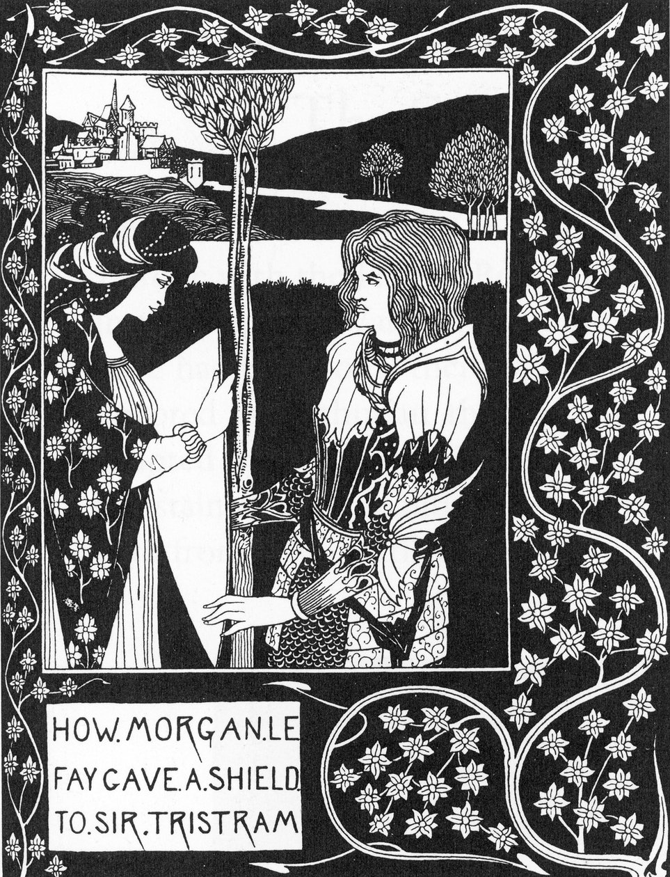 アーサー王伝説。"The fee Morgane gives a shield to Tristan" Engraving in "The story of Tristan and his adventures, which includes his love story with Isolde" "The Morte of Arthur" by Sir Thomas Malory, edition illustrated by Aubrey gave Beardsley ( 作： オーブリービアズリー