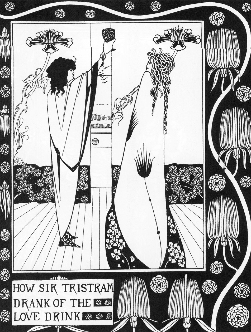 アーサー王伝説。"Tristan drinking the love philtre" Engraving in "The story of Tristan and his adventures, which includes his love story with Isolde" from Sir Thomas Malory, edition illustrated by Aubrey Beardsley (1872-1898) 1893-1894 (Arthuria) 作： オーブリービアズリー