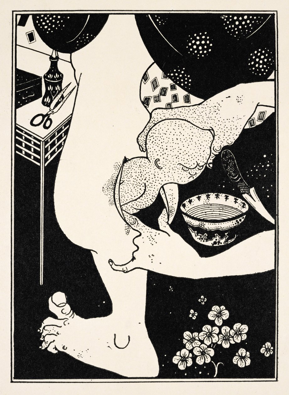 脚のふくらはぎからの誕生、「ルシアンの真実の歴史」からのイラスト、1894年頃（エングレーヴィング 作： オーブリービアズリー