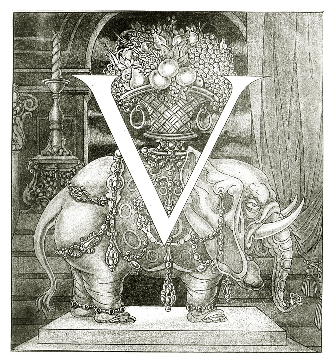 ヴォルポーネへの最初の文字「V」、1898 作： オーブリービアズリー