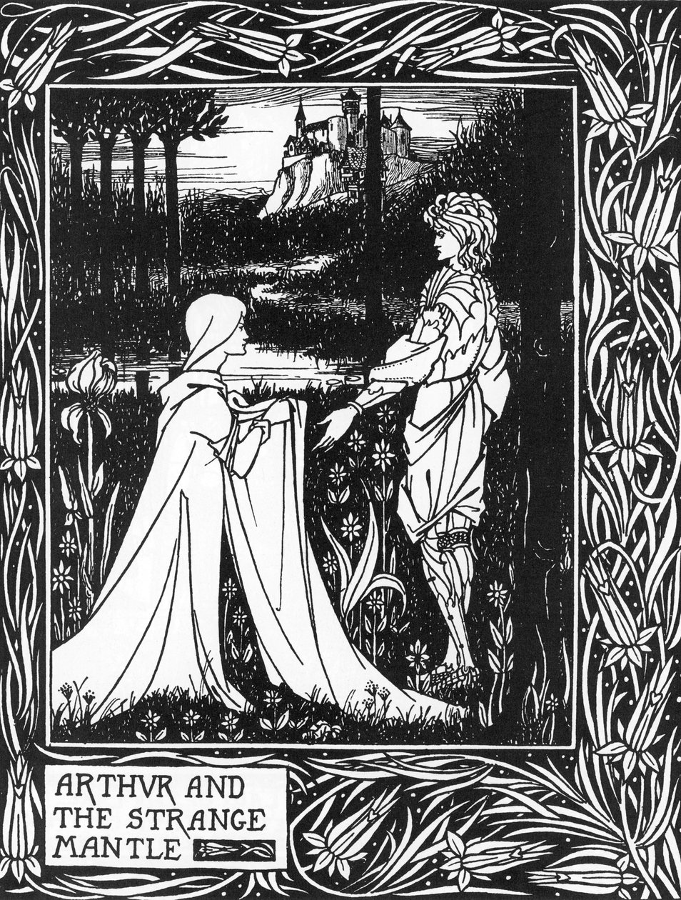 フィー・モルガンが送った少女の訪問を受けるアーサー王（King Arthur and the strange mantle sent by Morgan the fay） イラスト：オーブリー・ビアズリー（1872-1898） Thomas Malory