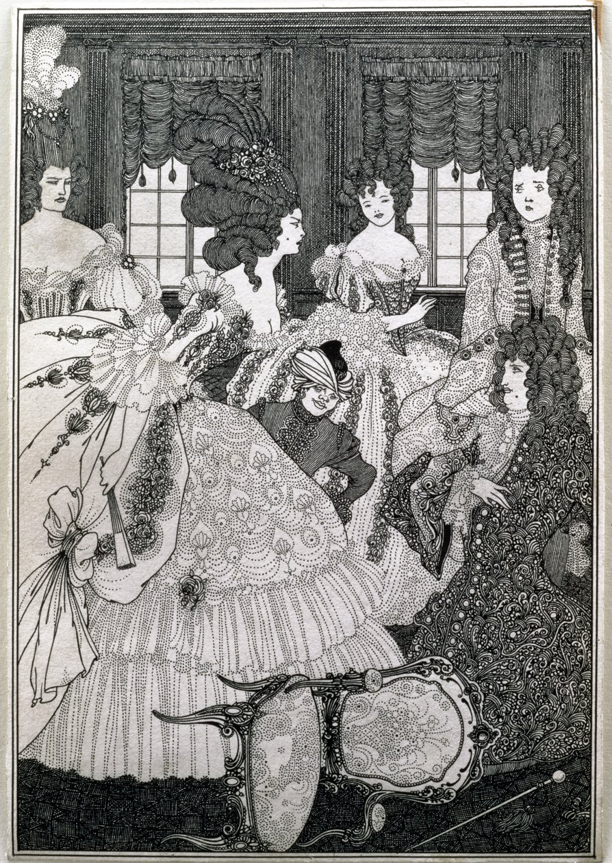 アレキサンダー・ポープ（1688-1744）のパブによる「髪盗人」から8番目のイラストを描いた「ボークスとベルの戦い」。レオナルド・スミザーズ 作： オーブリービアズリー