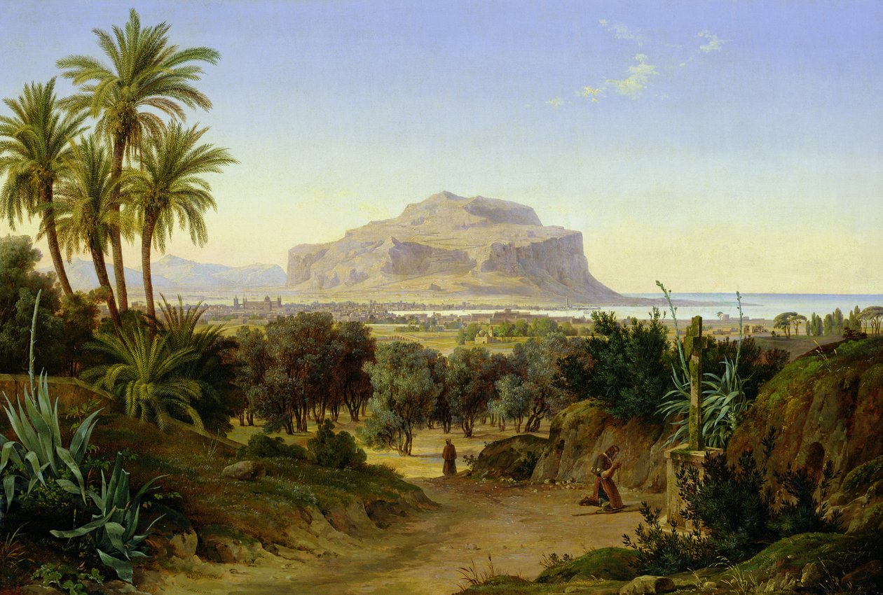 ドイツ語：Blick a Palermo mit Monte Pellegrino ペレグリーノ山とパレルモの眺め 作： オーガスト・アールボーン