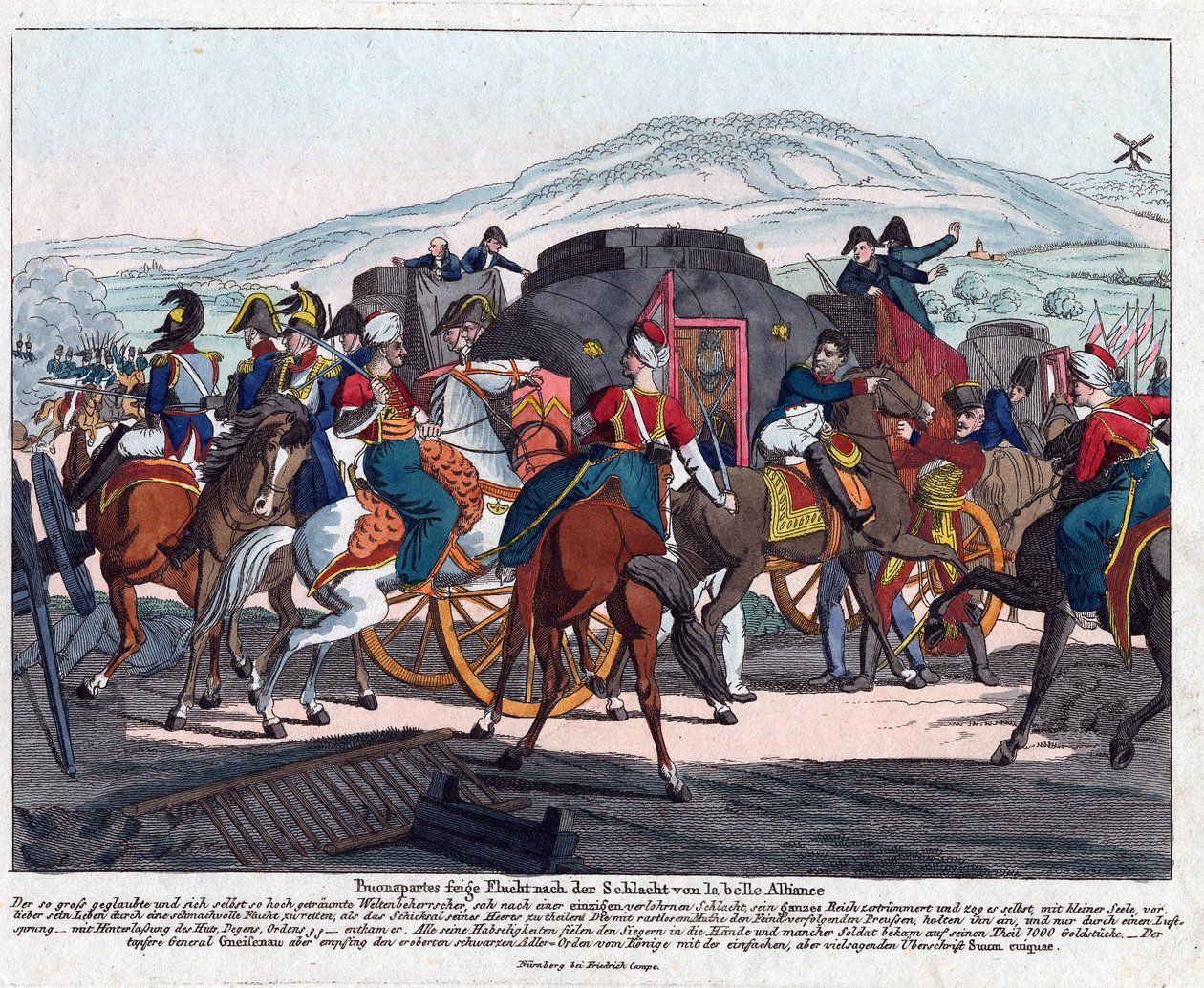 The Flight of Napoleon after Battle of Waterloo (1815) - Campe, August Friedrich Andreas (1777-1846) - Etching, watercolour - 21,5x26,3 - Private Collection 作： オーガスト・フリードリヒ・アンドレアス・カンペ