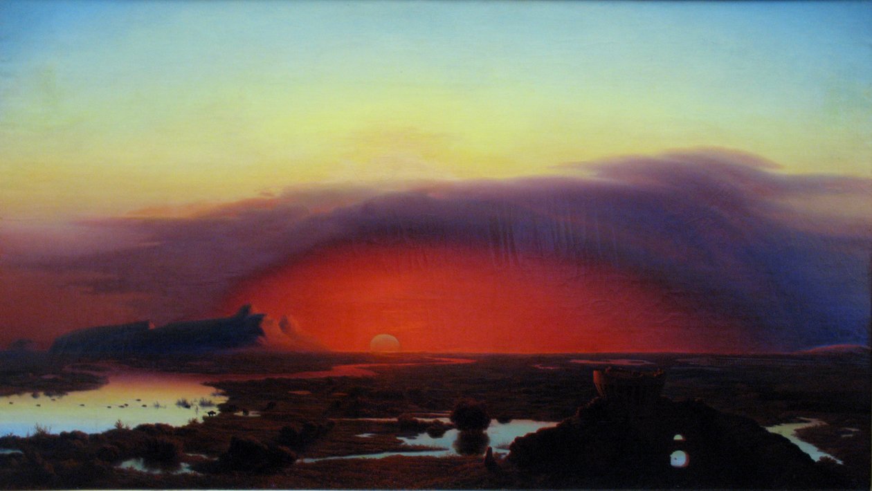 ドイツ語：Die Pontinischen Sümpfe bei Sonnenuntergang 夕暮れのポンティーナ湿原 作： アウグスト・コピッシュ