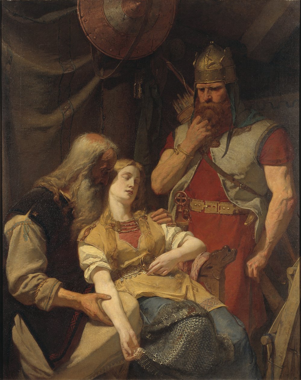 Hjalmarの死をIngeborgに知らせるOervar Oddr - Oervar-OddrがHjalmarの死をIngeborgに知らせる、by Malmstrom, August (1829-1901).油彩・キャンバス 作： アウグスト・マルムストローム