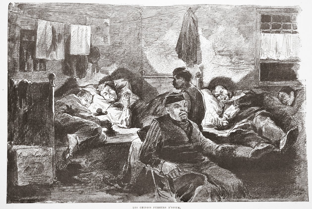 中国のあへんの喫煙者、「La Rue a Londres」のイラスト、パブ。 G. Charpentier et Cie、1884年 作： オーギュストアンドレランコン