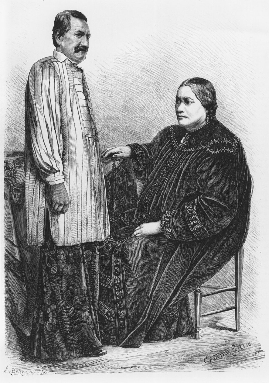 タヒチとその夫のポマレ4世（1827〜77年）、「ルトゥールデュモンド」のイラスト、サンエルムゴーティエ（b.1849）の彫刻1876 作： オーギュスト・ベルトランド