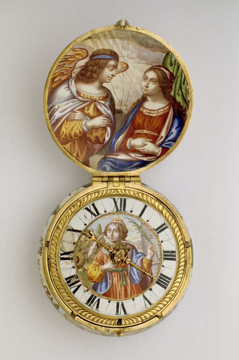 ゴールドとエナメルのケース入りバージ時計、c。 1650（金とエナメル） 作： オーギュスト・ブルトンノー