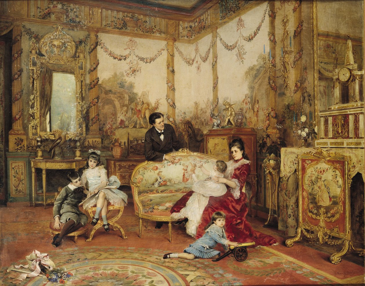 1875年頃、マルリールロワの応接室にいるビクトリアンサルドゥ（1831〜1908年）とその家族 作： オーギュストドゥラブレリー