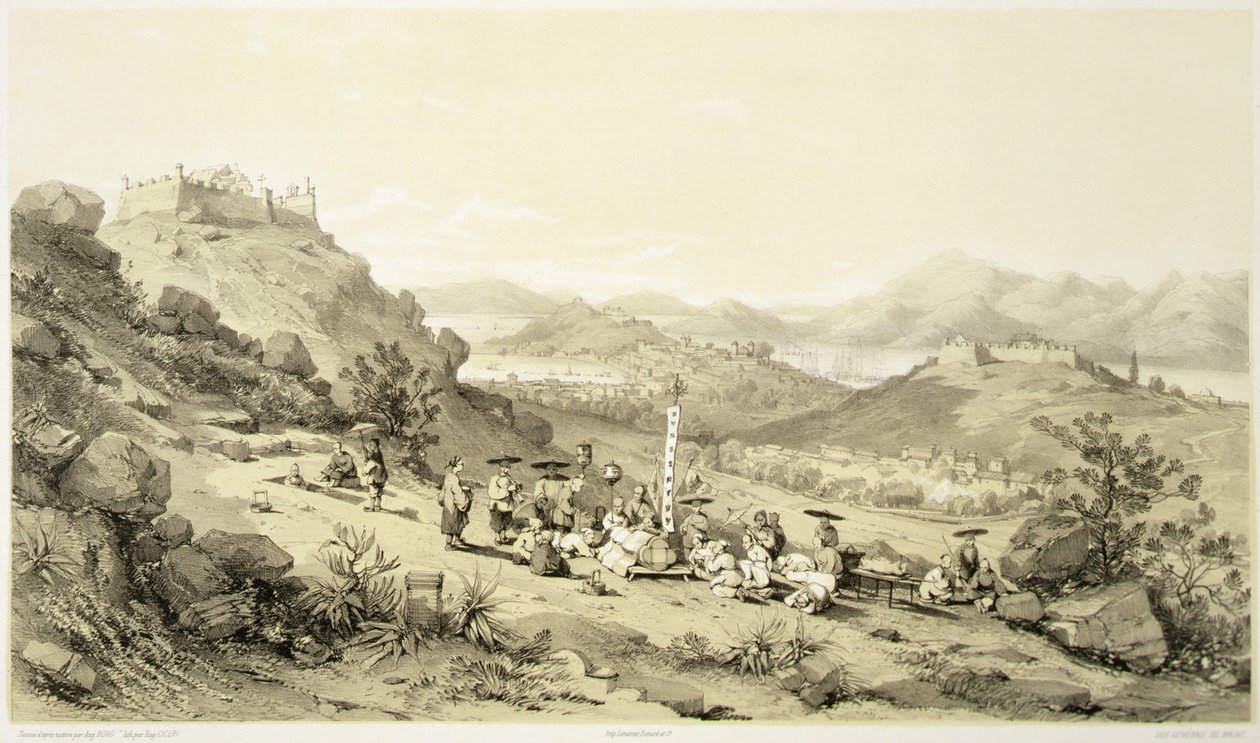 ユージン・シチェリ（1813-90）が彫った「中国のスケッチ」のプレート11「マカオの全景」1842年（彩色リトグラフ） 作： オーギュスト（後）ボルゲット