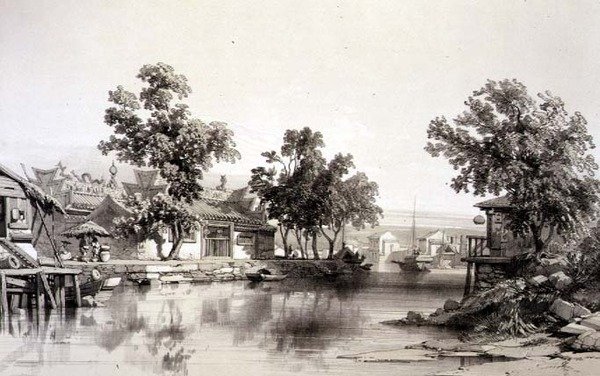 湖南の寺院と運河、「中国のスケッチ」よりプレート29、ユージン・シチェリ（1813-90）の彫刻、1842年（着色リトグラフ）。 作： オーギュスト（後）ボルゲット