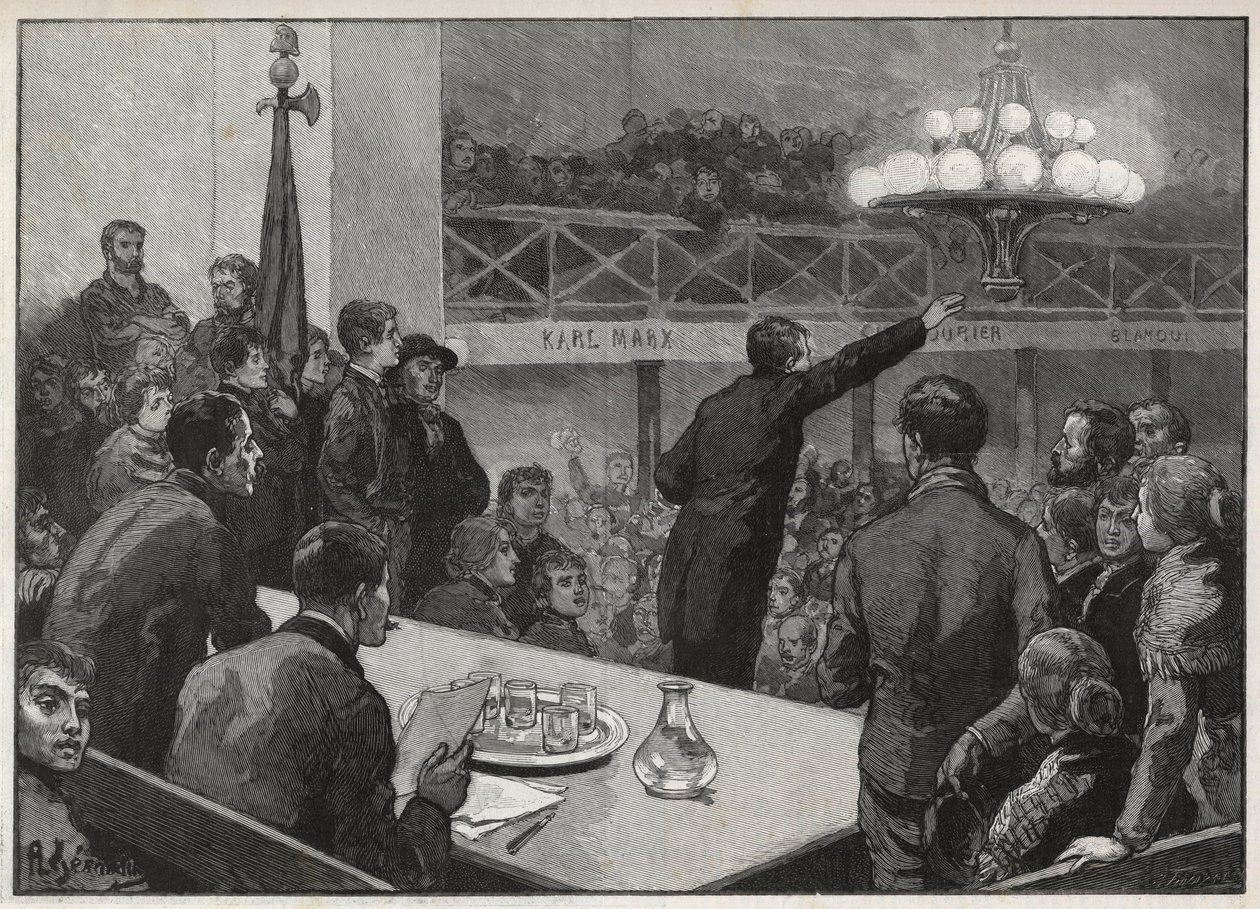 1885年のヴォールイットでのストライキのための会議-1885年の刻印「Le monde illustrious」-ジェラルダンの絵 作： オーギュスト（後）ジェラルディン
