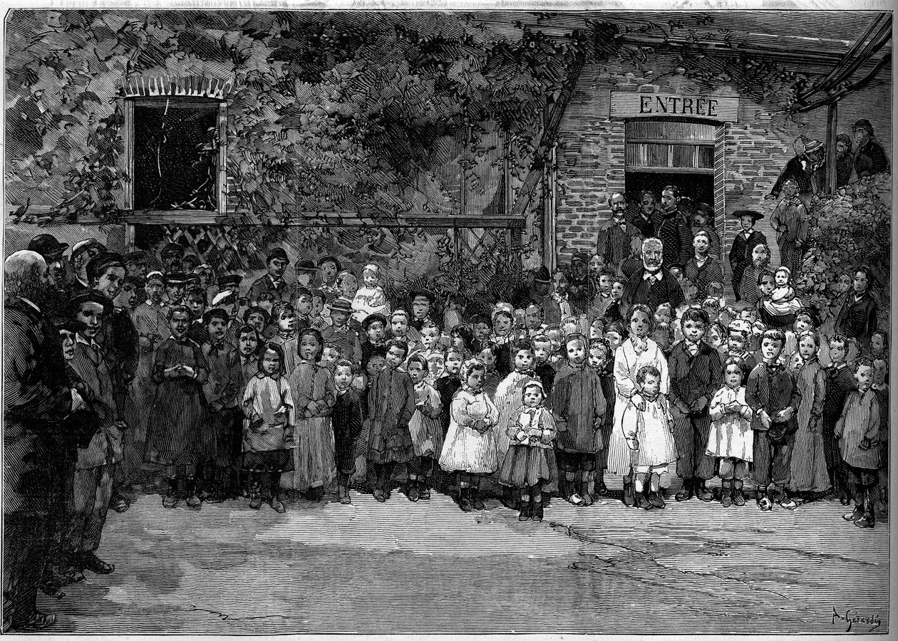ヴィクトル・ユーゴー（1802-1885）が、1882年9月24日に宴席を提供したヴーレス・アン・コー（Veules-en-Caux）の貧しい子供たちと。1882年10月14日付「Le Monde Illustré」1333号に掲載されたジェラルダンによる版画。 作： オーギュスト（後）ジェラルディン