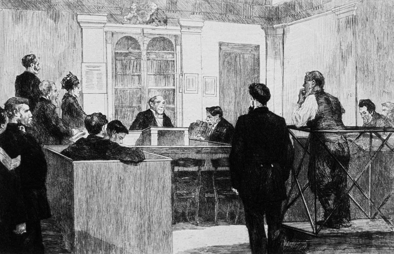 1884年、ロンドンのボウ・ストリート警察裁判所ホール（エングレーヴィング） 作： オーギュストアンドレランコン