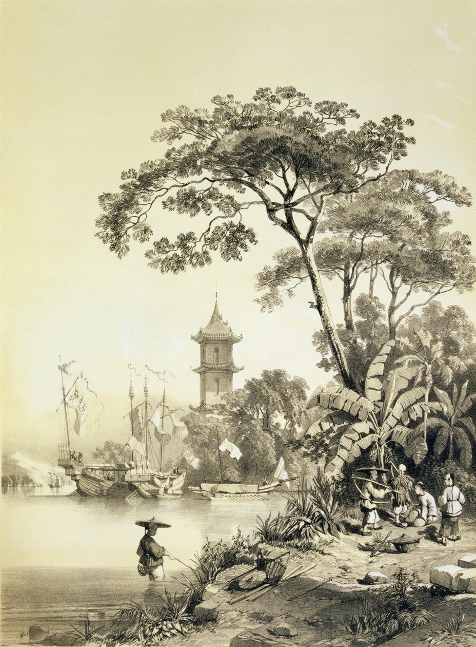 マカオカントン運河の塔、「中国のスケッチ」のプレート21、ユージーンシセリ（1813-90）1842年（刻印litho）の彫刻 作： オーギュスト・ボルジェ