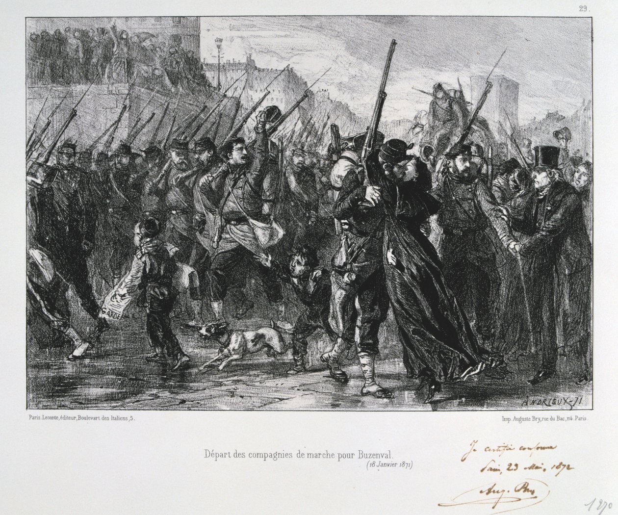 1871年1月18日、仏領プロイセン戦争、パリ包囲戦、ブンゼンヴァルに向けて出発するフランスの兵士 作： オーギュスト・ブリー