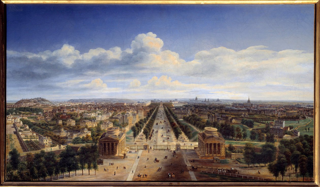 エトワール凱旋門から撮影したパリの眺め オーギュスト・カドル (1782-1849) による絵画 1843 日。 0,48x0,83 m パリ、カルナヴァレ美術館 作： オーギュストカデル