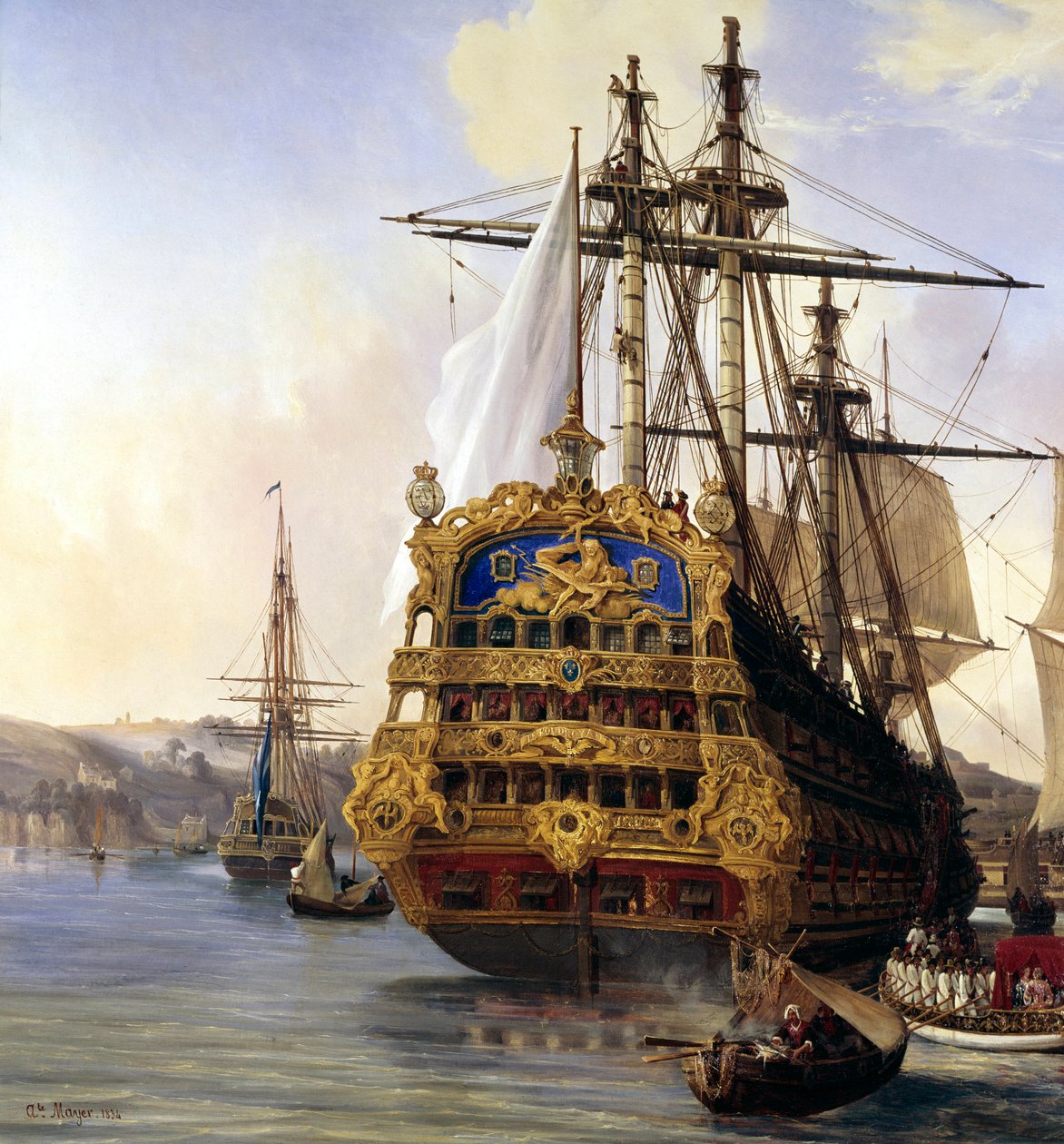 オーギュスト・メイヤー（1805-1890）による1724年のブレスト港の「ル・フドロワイヤント」号の詳細（ブレスト、ボザール美術館） - ブレスト港の「ル・フドロワイヤント」号 作： オーギュスト・エティエンヌ・フランソワ・メイヤー