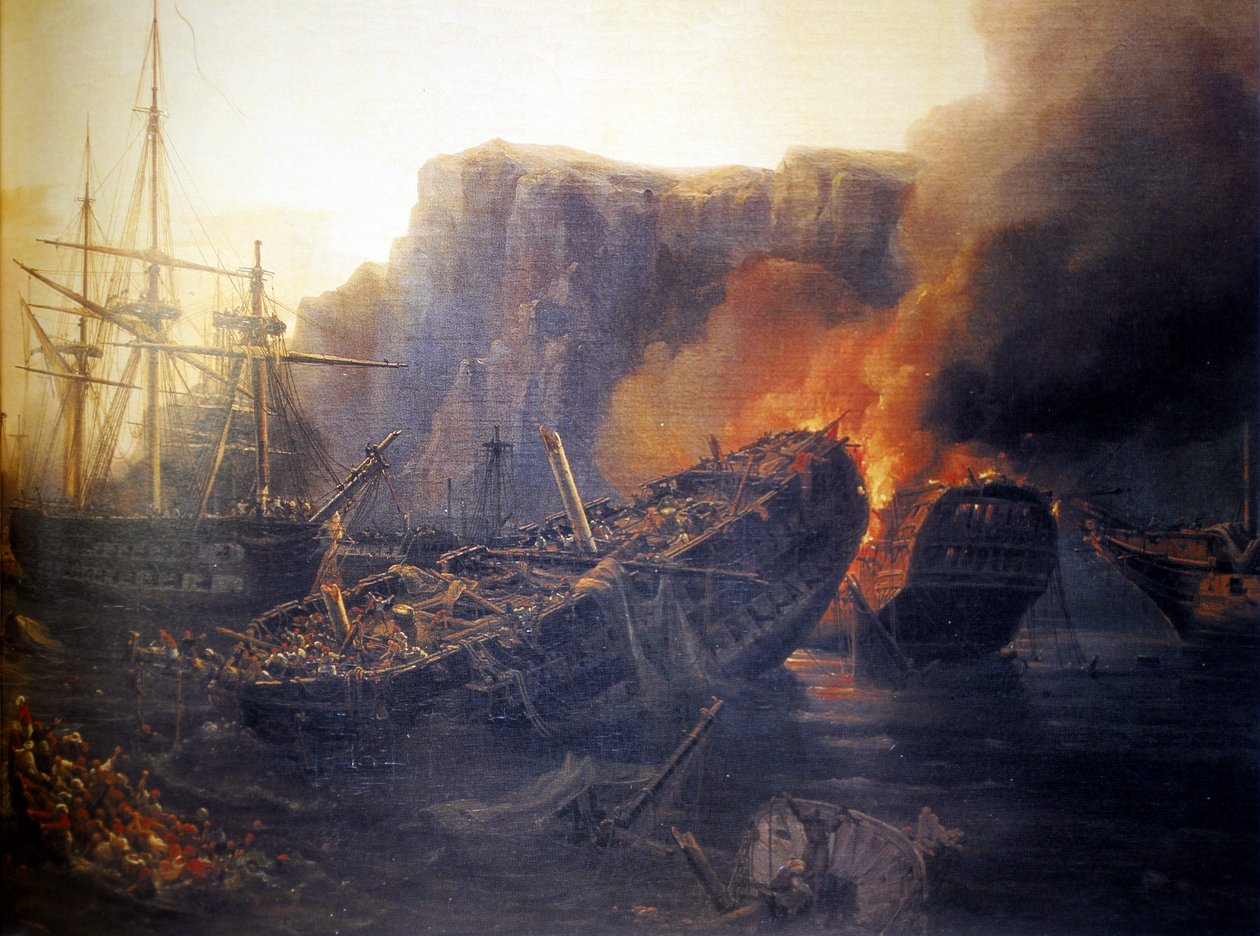 フランス語  Le soir de la bataille de Navarin, 1827 ナヴァリノの戦いの夕べ 作： オーギュスト・エティエンヌ・フランソワ・メイヤー