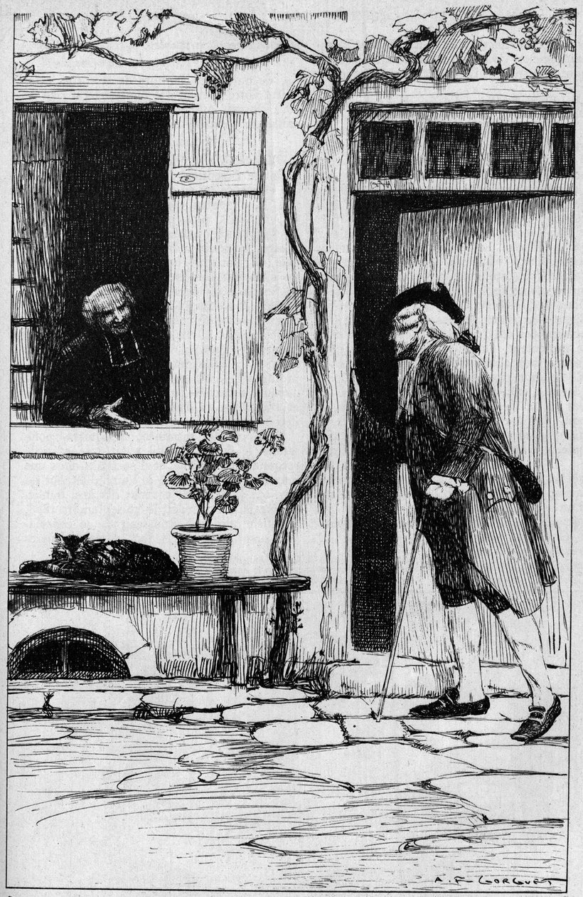 哲学者ジャン・ジャック・ルソー（1712-1778）を司祭団に招いたエルメノンヴィル村の教区の様子。オワーズ（60）。オーギュスト・フランソワ・ゴルゲ（1862-1927）による挿絵 作： オーギュスト・フランソワ・ゴルゲ