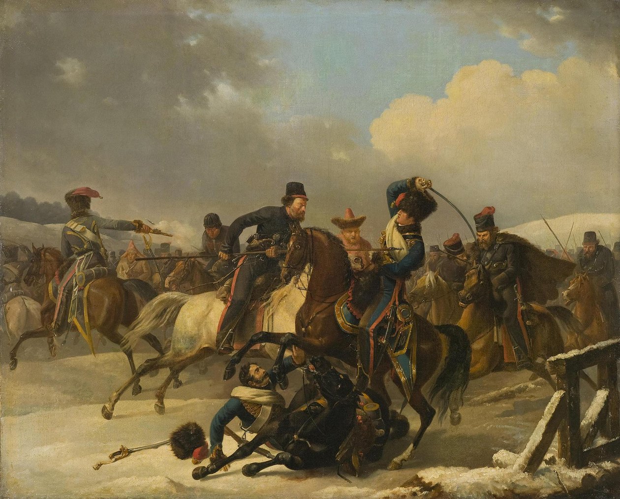 コサックは退却するフランス兵を追跡、1812年、1827年 作： オーギュスト・ジョセフ・デサルノド