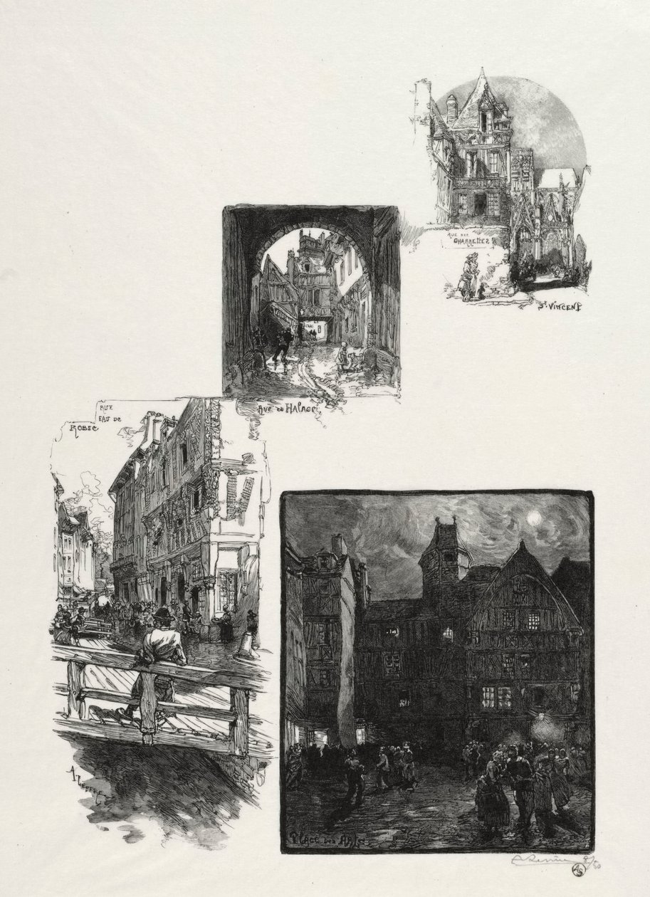 イラスト入りルーアン: Rue des Charretes; ハラージ通り; オード ロベック通り。 アーツ スクエア 作： オーギュスト・ルイ・ルペール
