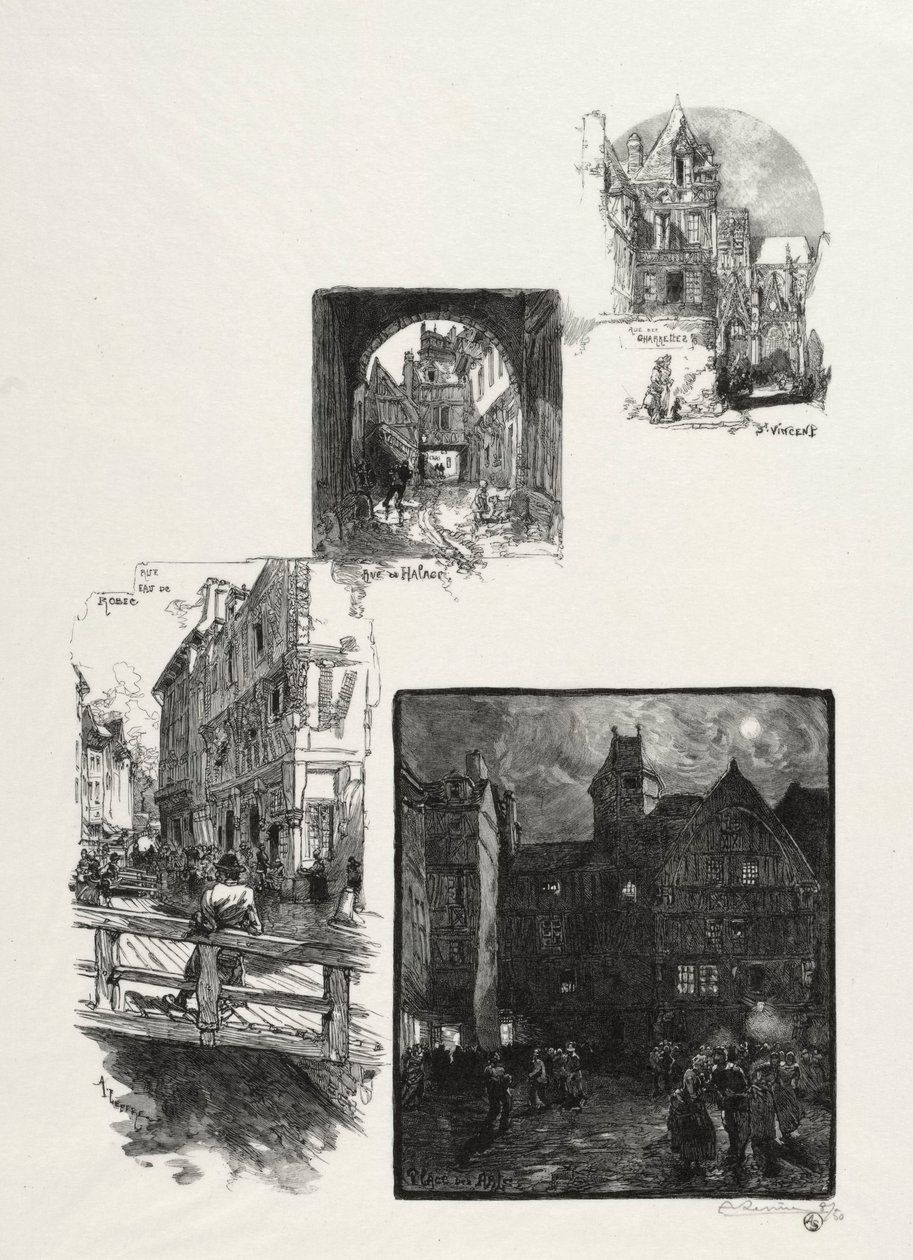 Rouen Illustrated：Rue des Charretes、Rue de Halage、Rue Eau de Robec、Place des Arts、1896。 作： オーギュスト・ルイ・ルペール