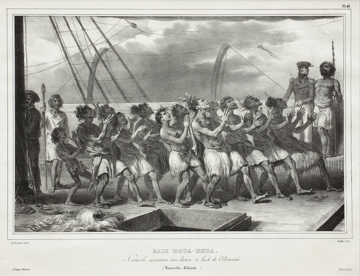 ウアワ湾、アストロラーベ号（ニュージーランド）の船上でハカを踊る先住民たち、[Uawa/Tolaga Bay, Natives Performing a Haka on Board the Astrolabe (New Zealand)] 作： オーギュスト・ラフェット