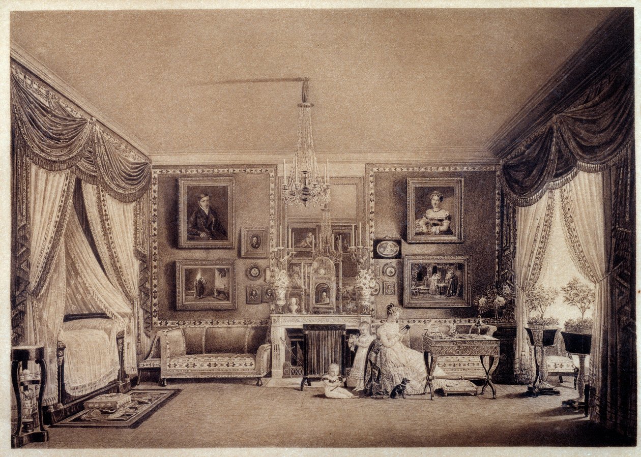 チュイルリー宮殿のベリー公爵夫人の寝室。オーギュスト・ガルネレイ（1785-1824）によるデッサン 作： オーギュスト・サイモン・ガーネレイ