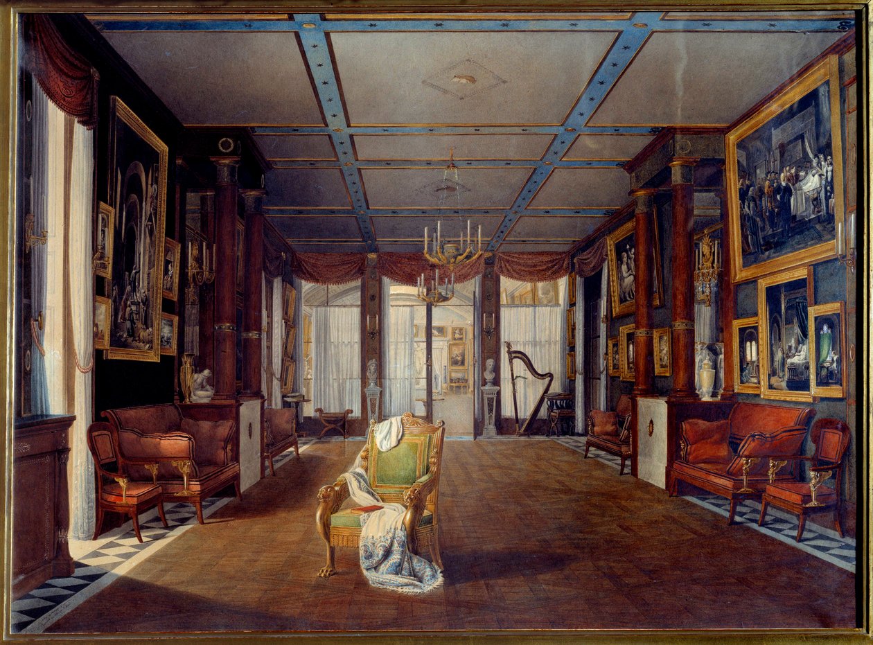 1812年のマルメゾン城の音楽室 オーギュスト・ガルネレー（1785-1824）の絵画 1812年 日 0,66x0,91 m マルメゾン、シャトー美術館 作： オーギュスト・サイモン・ガーネレイ
