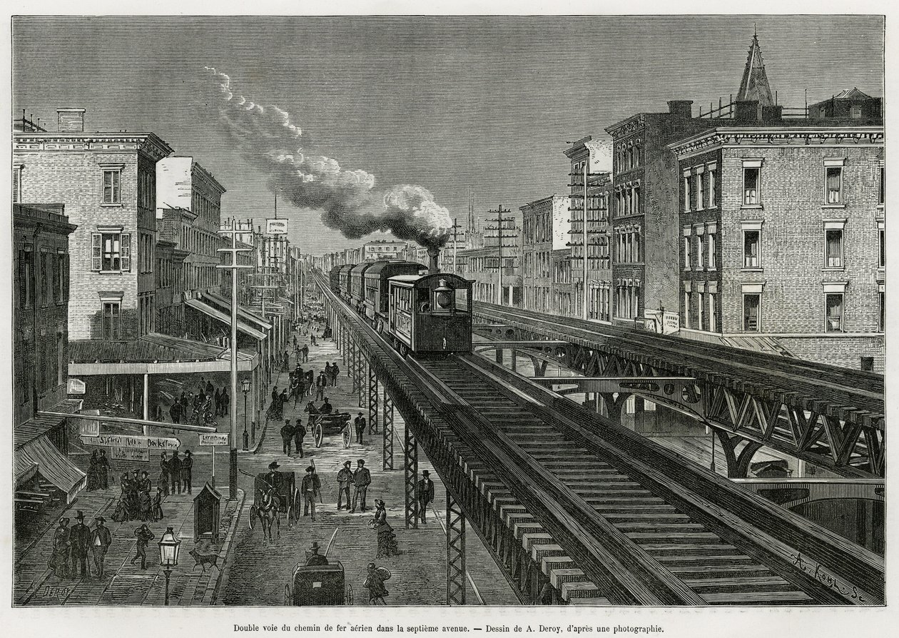 ニューヨーク、7番街のエアライン鉄道の複線。Edouard de Laveleye, 1878-1879年、Edouard Charton (1807-1890)の指揮の下、Tour du mondeに掲載された。 作： オーギュスト・ビクター・デロイ