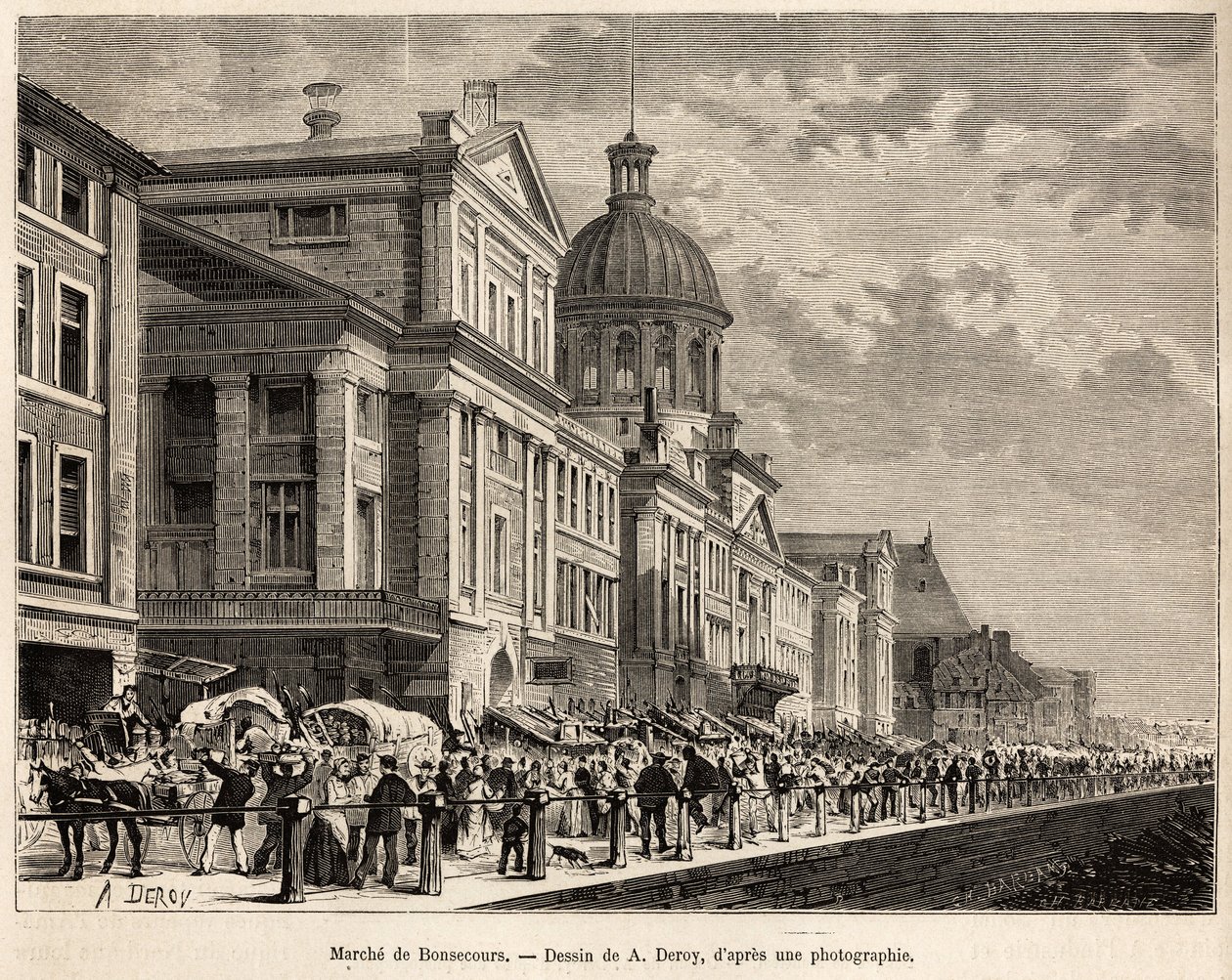 Le marche de Bonsecours モントリオールの観光・文化の中心地。1873年にH.De Lamotteが行ったカナダと北の川への小旅行を描いたA.Deroyの絵をもとに彫られたもので、1875年にEdouが編集した「Le tour du monde」に掲載されている。 作： オーギュスト・ビクター・デロイ