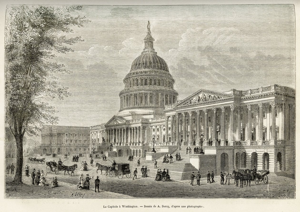 Das Kapitol, Sitz der Legislative, erbaut zwischen 1793 und 1830, in Washington (District of Columbia), der Hauptstadt der Vereinigten Staaten. Gravur nach der Zeichnung von A. Deroy, zur Illustration der Geschichte La conquête blanche, von William Hepwor von Auguste Victor Deroy