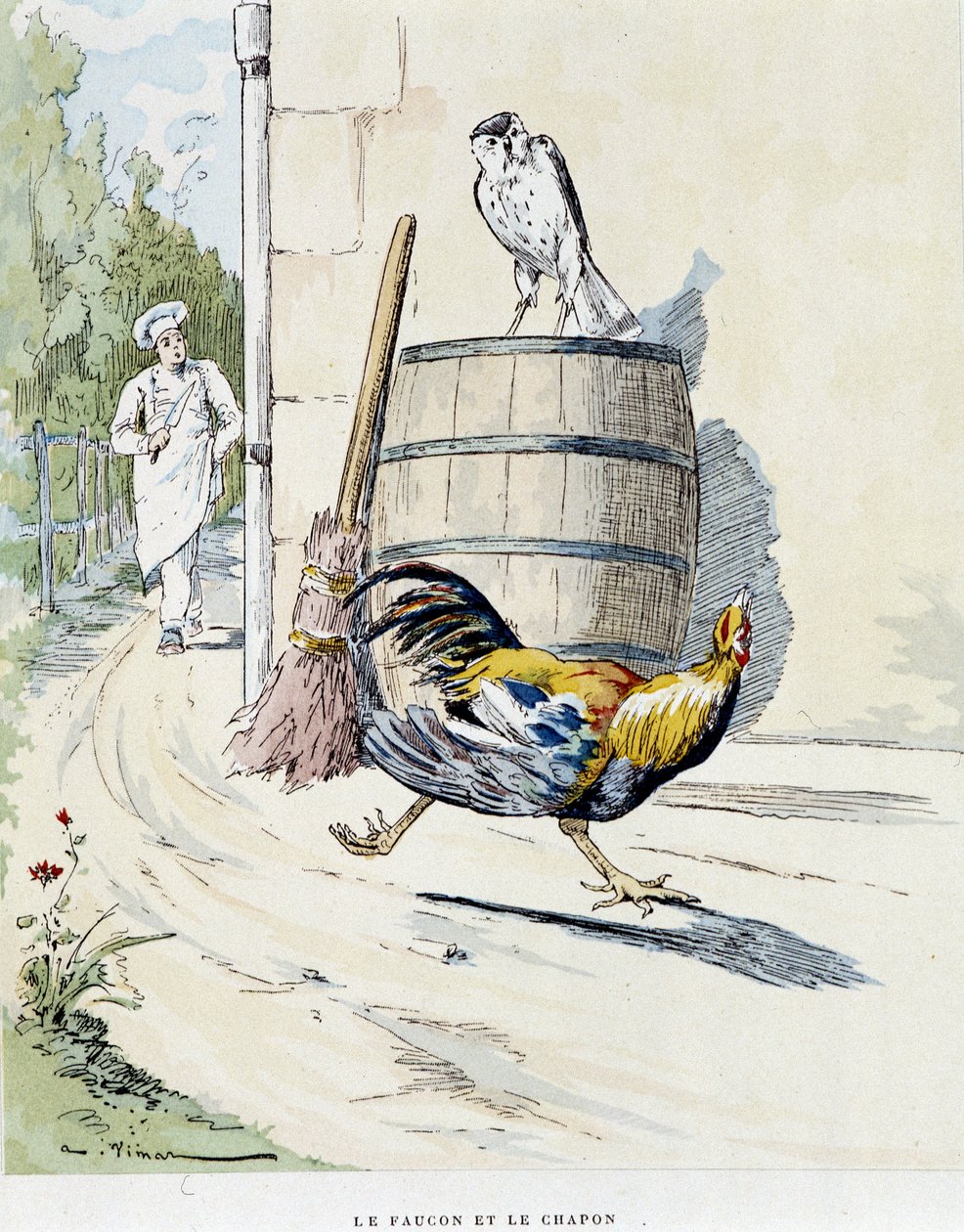 ラ・フォンテーヌ寓話集」のハヤブサとカポネ、オーギュスト・ヴィマール（1851-1916）の絵、トゥール、A, Mame & Filsにて。 作： オーギュスト・ヴィマール