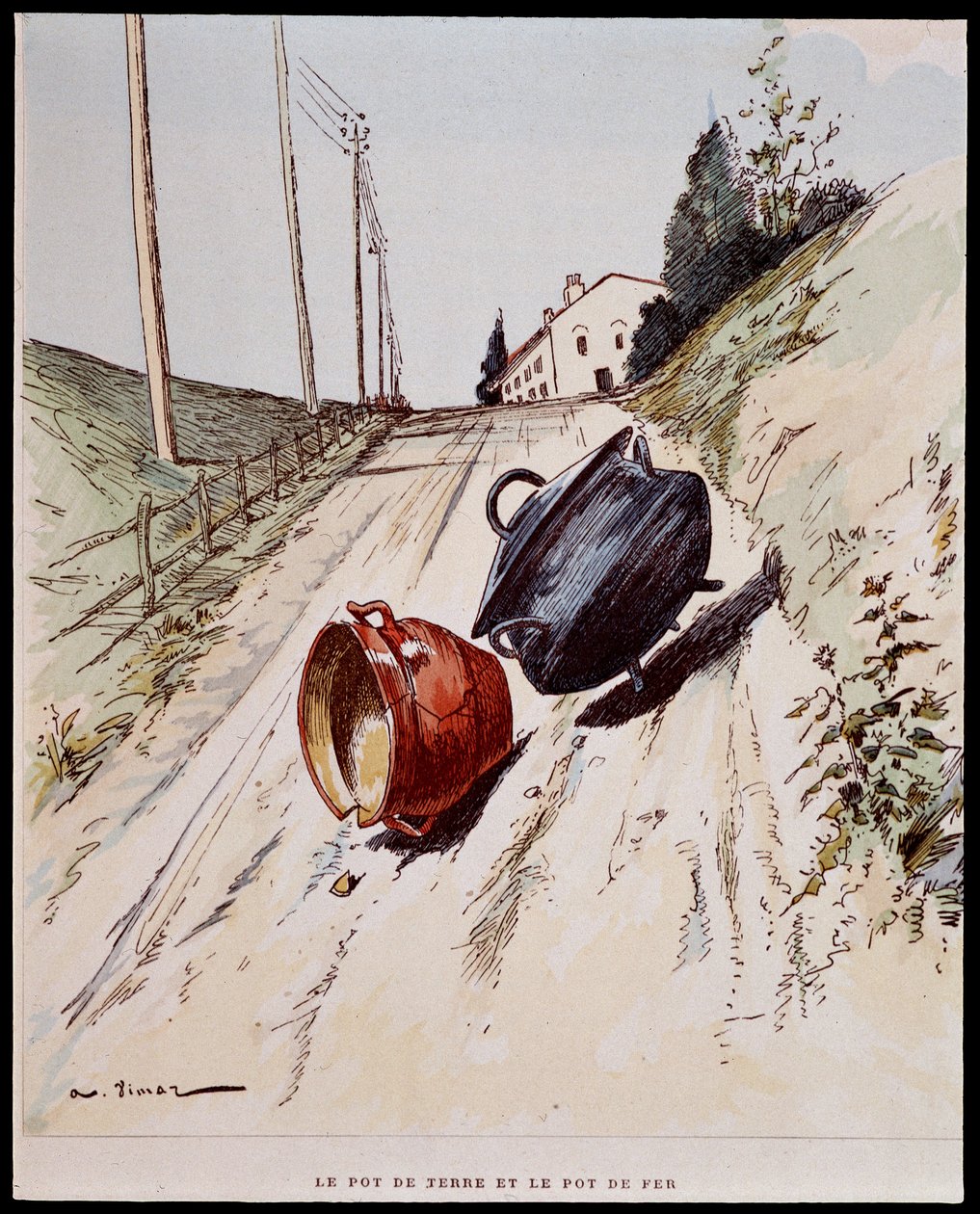 Le pot de terre et le pot de fer - Auguste Vimar (1851-1916) が描いた「Les Fontaine の寓話」の中で、Tours, at A, Mame & Fils. 作： オーギュスト・ヴィマール