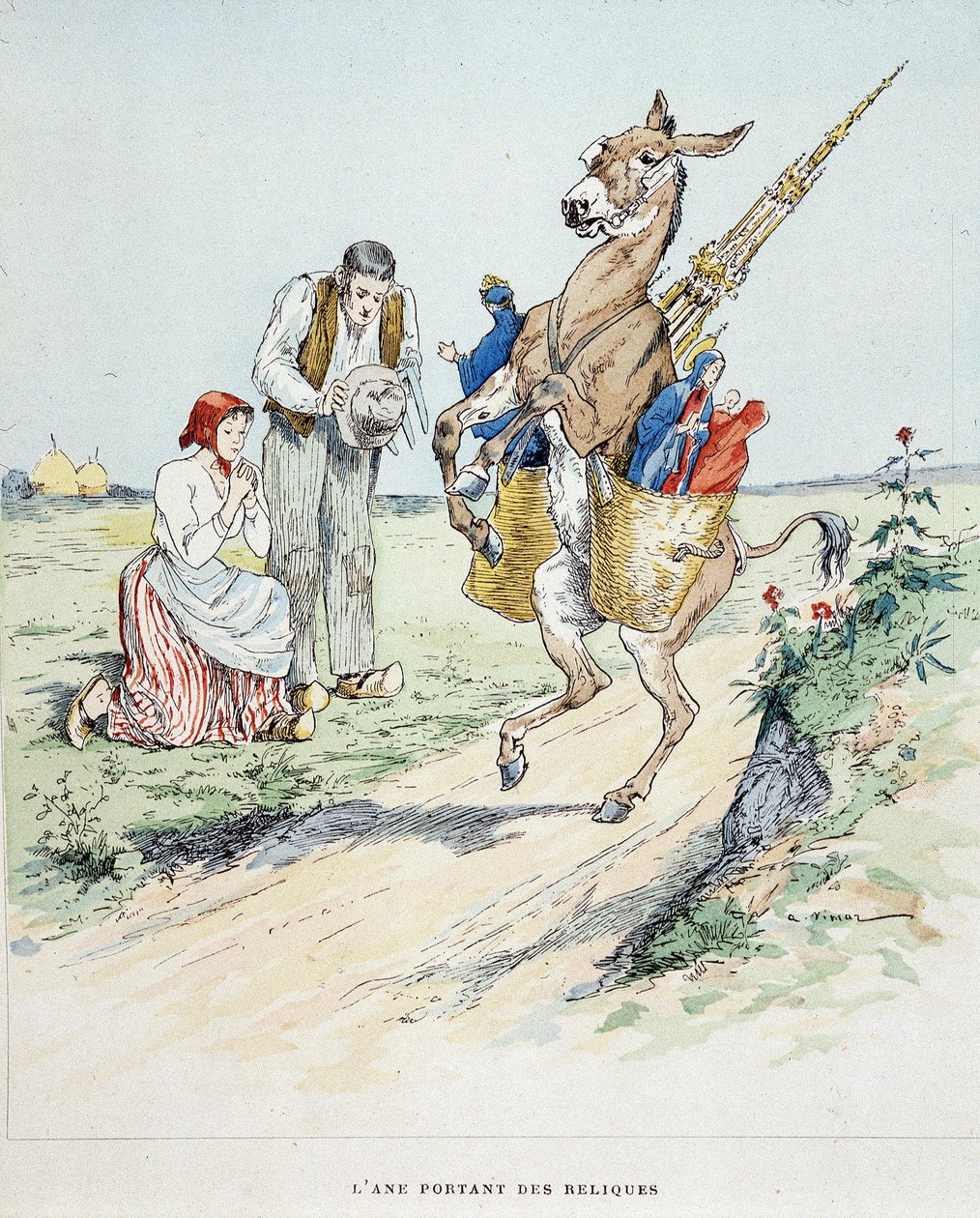 ラ・フォンテーヌ寓話集」に登場する遺物を運ぶロバ、オーギュスト・ヴィマール（1851-1916）の絵、トゥール、A, Mame & Filsにて。 作： オーギュスト・ヴィマール