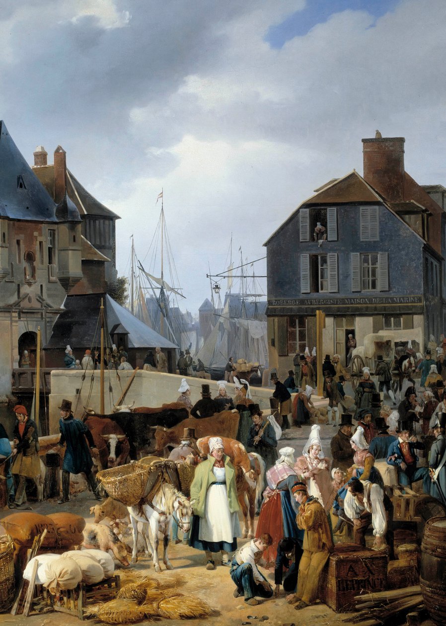 オンフルール港での「乗客の牛の乗船」 オーギュスト・グザヴィエ・ルプランス（1799-1826）の絵画の詳細 作： オーギュスト・ザビエル・ルプリンス