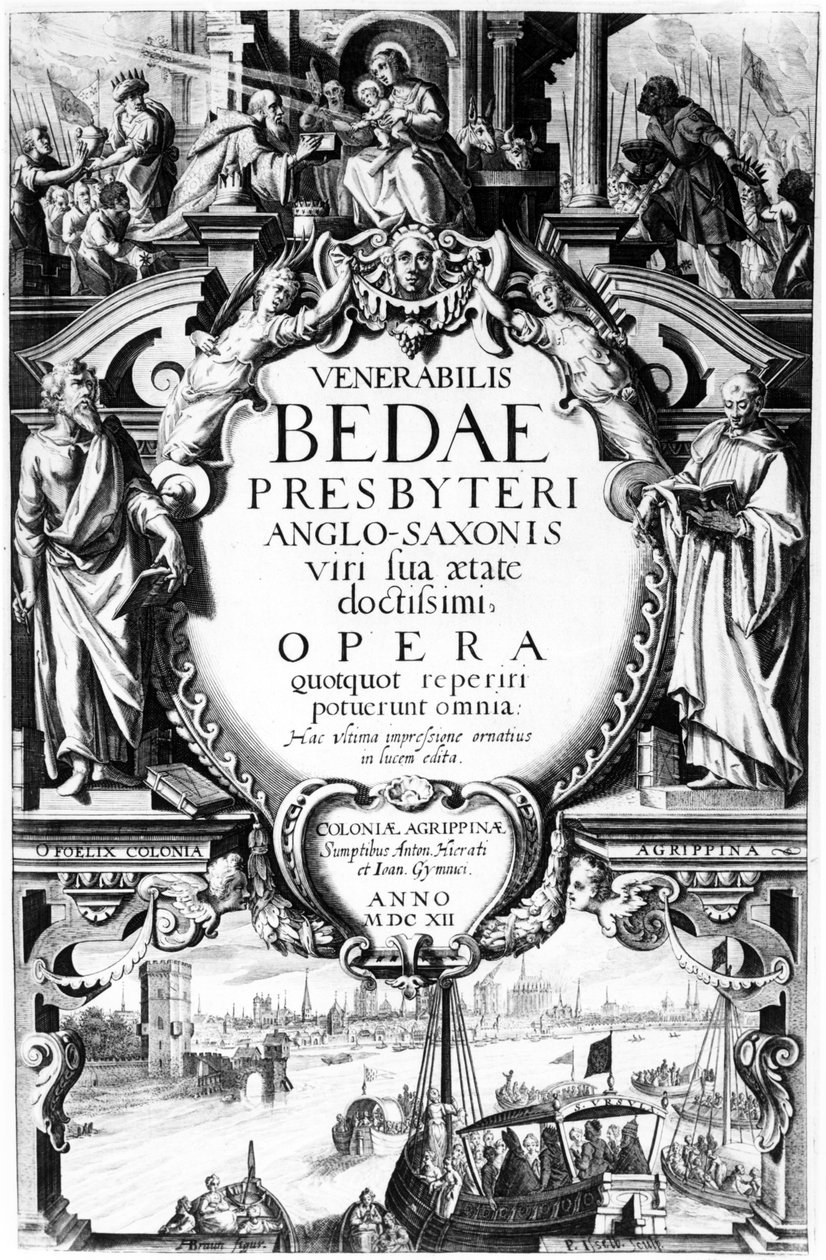 1612年にケルンで出版されたPeter Isselburgによって作成されたVenerable Bede Anglo-Saxonのタイトルページ（彫刻と活版） 作： オーガスティン・ブラウン