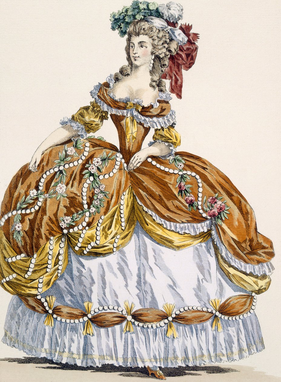 デュパンが刻んだ新しいスタイルのグランドコートドレス、「Galeries des Modes et Costumes Francais」、プレート291、c.1778-87 作： オーギュスタン・ド・サン・トーバン